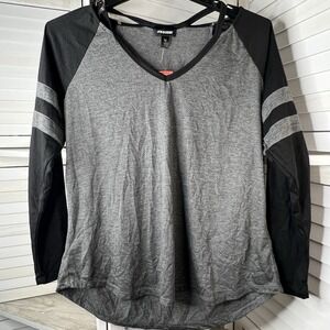 Joe Boxer Women's Juniors Plus 1X Gray Black Raglan Long‎ Sleeve V-Neck Tee NWT